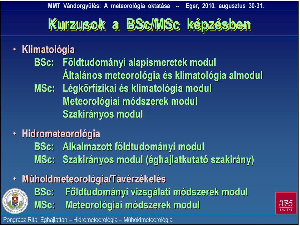 modul Hidrometeorológia BSc: Alkalmazott földtudományi modul MSc: Szakirányos modul (éghajlatkutató