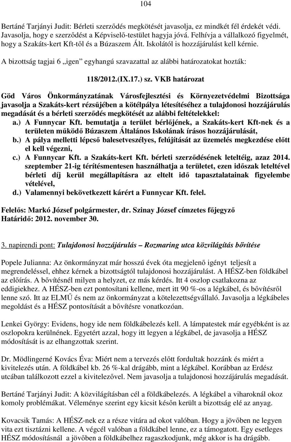 A bizottság tagjai 6 igen egyhangú szavazattal az alábbi határozatokat hozták: 118/2012.(IX.17.) sz.