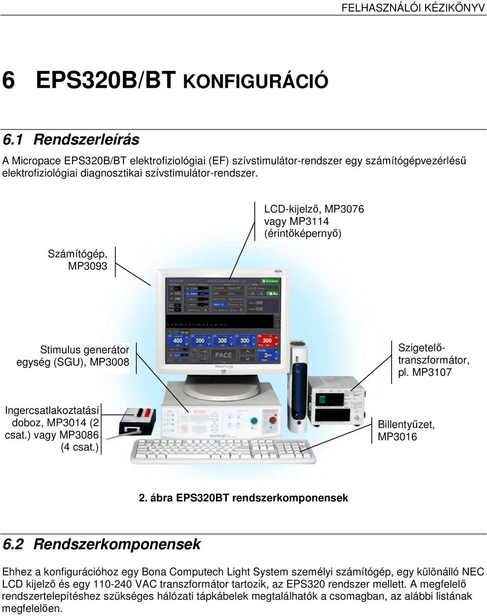 Számítógép, MP3093 LCD-kijelző, MP3076 vagy MP3114 (érintőképernyő) Stimulus generátor egység (SGU), MP3008 Szigetelőtranszformátor, pl. MP3107 Ingercsatlakoztatási doboz, MP3014 (2 csat.