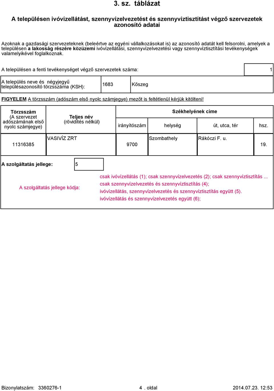 azonosító adatát kell felsorolni, amelyek a településen a lakosság részére közüzemi ivóvízellátási, szennyvízelvezetési vagy szennyvíztisztítási tevékenységek valamelyikével foglalkoznak.