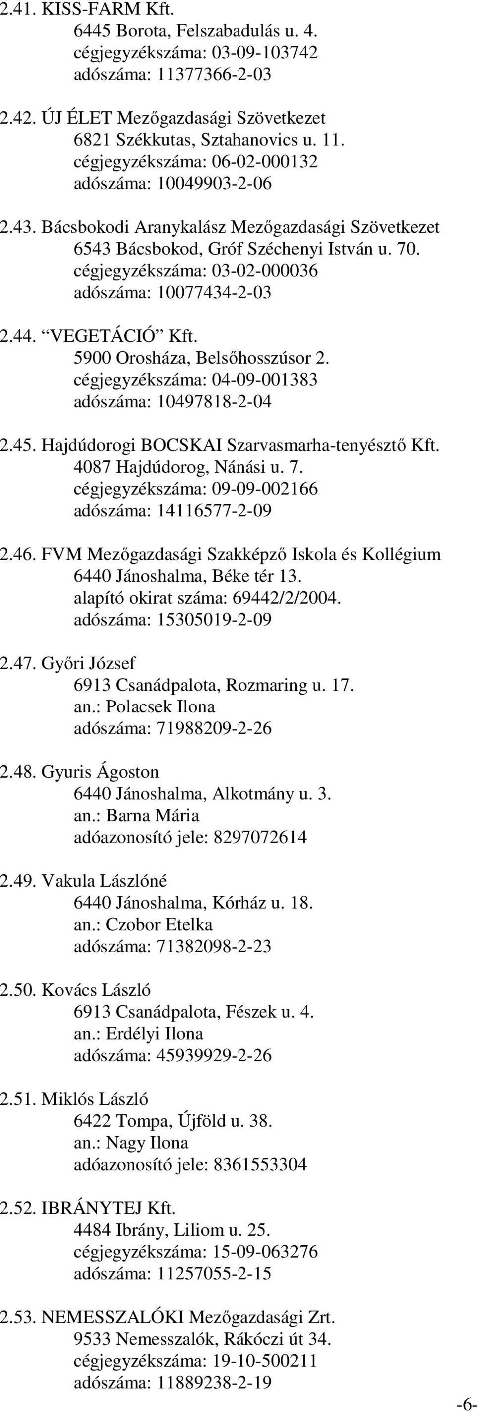 5900 Orosháza, Belsőhosszúsor 2. cégjegyzékszáma: 04-09-001383 adószáma: 10497818-2-04 2.45. Hajdúdorogi BOCSKAI Szarvasmarha-tenyésztő Kft. 4087 Hajdúdorog, Nánási u. 7.