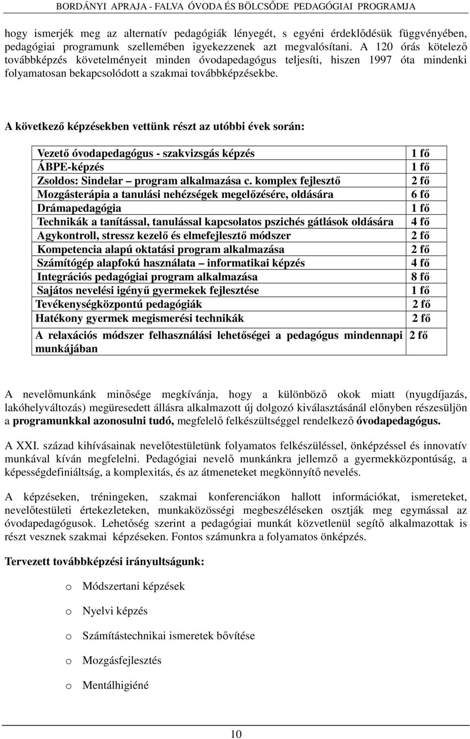 A következő képzésekben vettünk részt az utóbbi évek során: Vezető óvodapedagógus - szakvizsgás képzés ÁBPE-képzés Zsoldos: Sindelar program alkalmazása c.