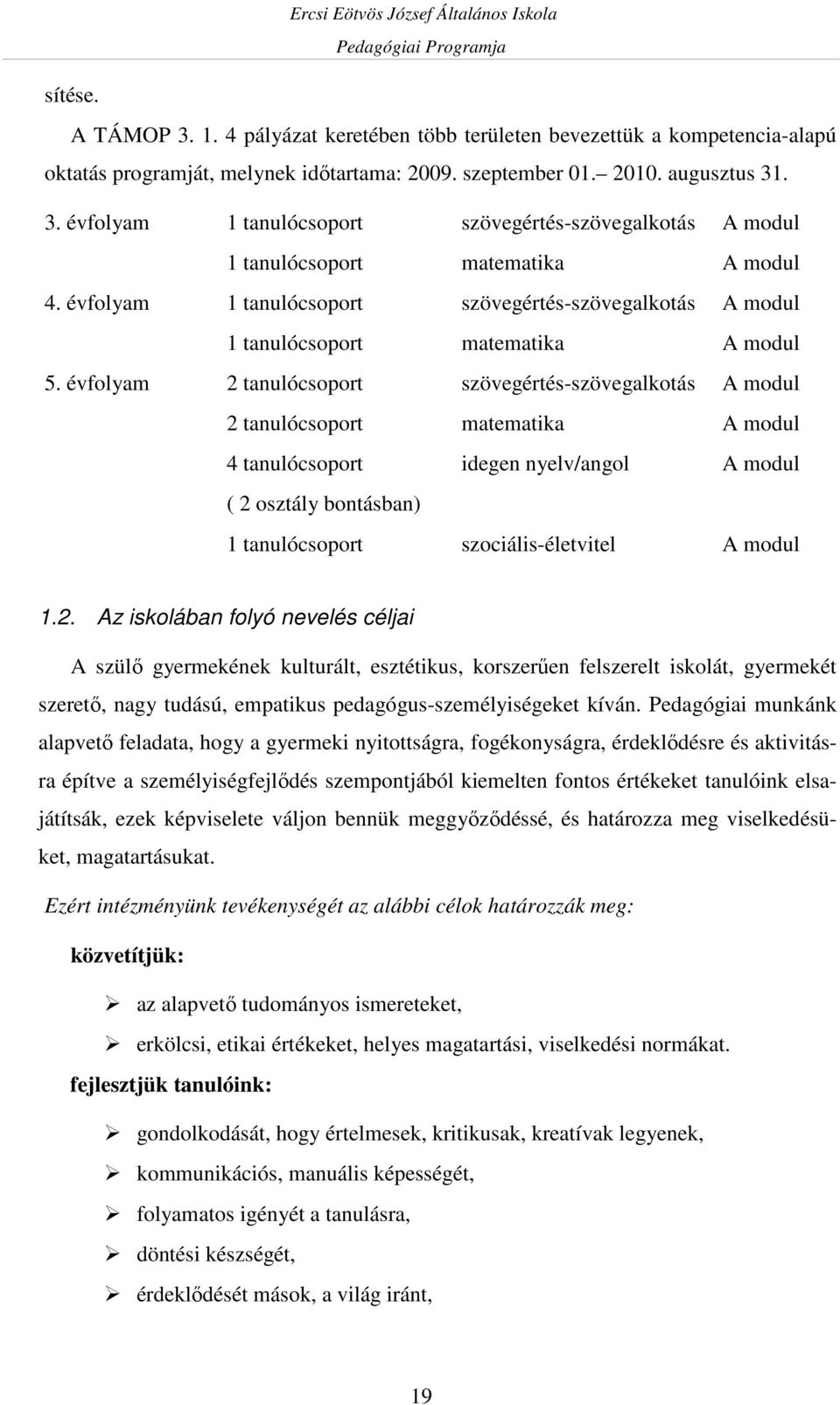 évfolyam 2 tanulócsoport szövegértés-szövegalkotás A modul 2 tanulócsoport matematika A modul 4 tanulócsoport idegen nyelv/angol A modul ( 2 osztály bontásban) 1 tanulócsoport szociális-életvitel A