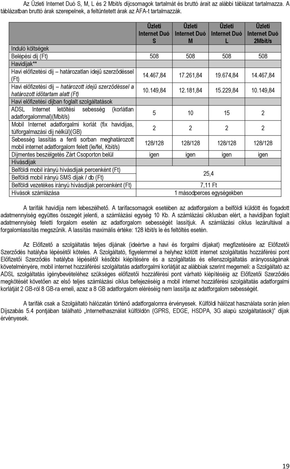 szerződéssel (Ft) Havi előfizetési díj határozott idejű szerződéssel a határozott időtartam alatt (Ft) Havi előfizetési díjban foglalt szolgáltatások ADSL Internet letöltési sebesség (korlátlan