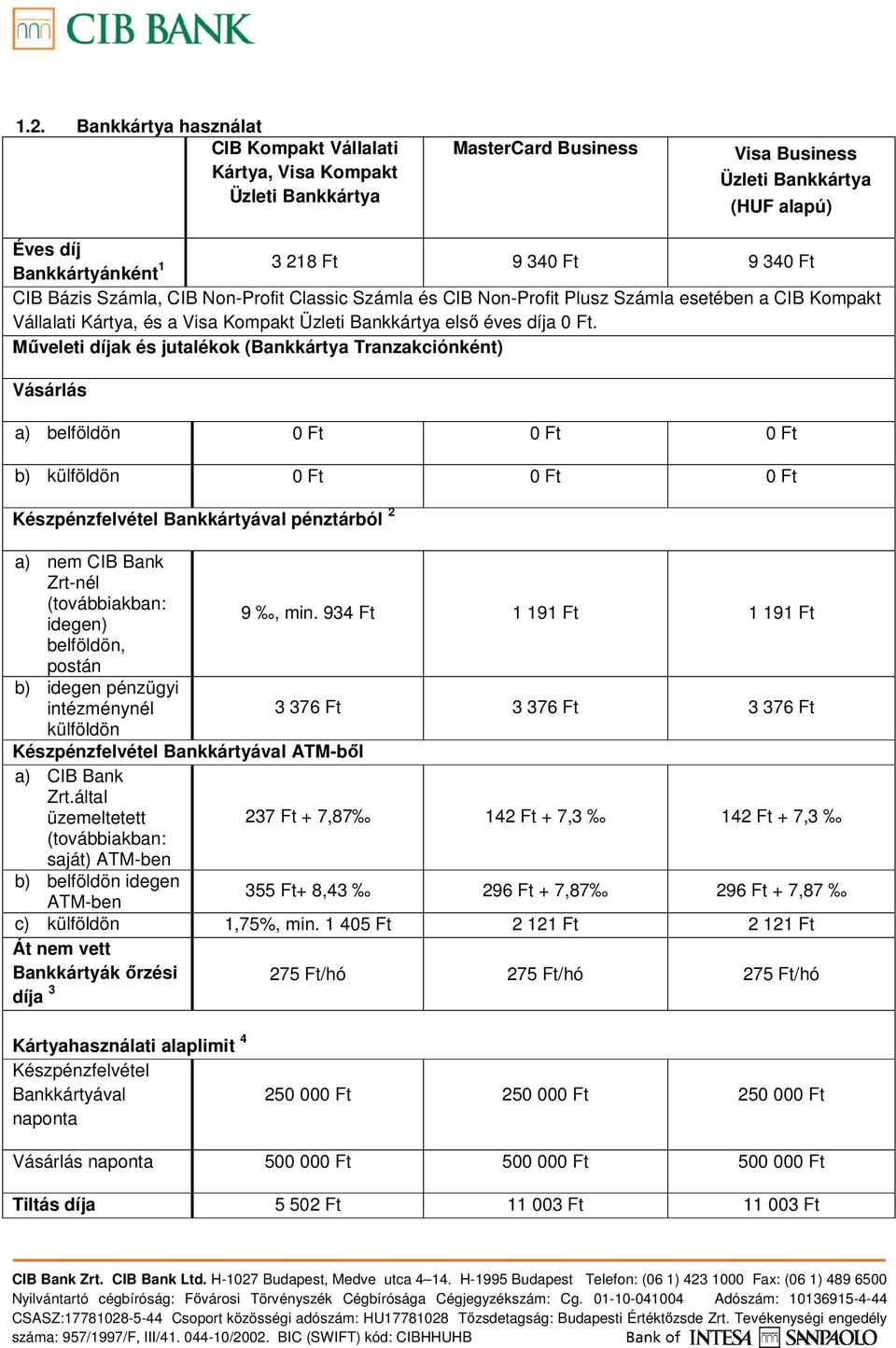 Műveleti díjak és jutalékok ( nként) Vásárlás a) belföldön 0 Ft 0 Ft 0 Ft b) 0 Ft 0 Ft 0 Ft Készpénzfelvétel Bankkártyával pénztárból 2 a) nem CIB Bank Zrt-nél (továbbiakban: idegen) belföldön,