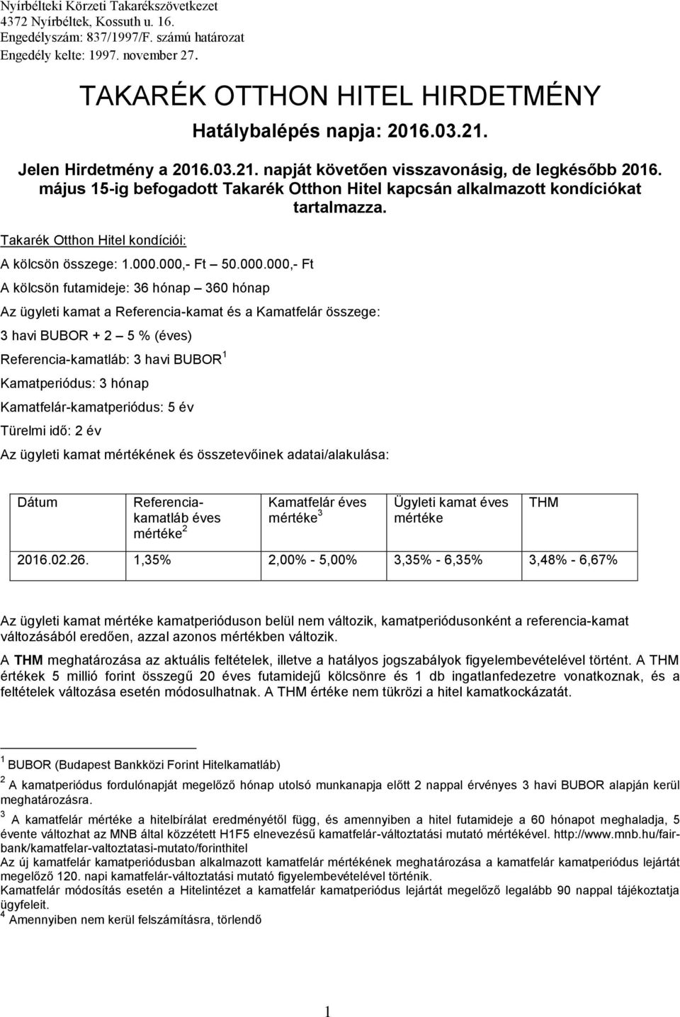 május 15-ig befogadott Takarék Otthon Hitel kapcsán alkalmazott kondíciókat tartalmazza. Takarék Otthon Hitel kondíciói A kölcsön összege 1.000.