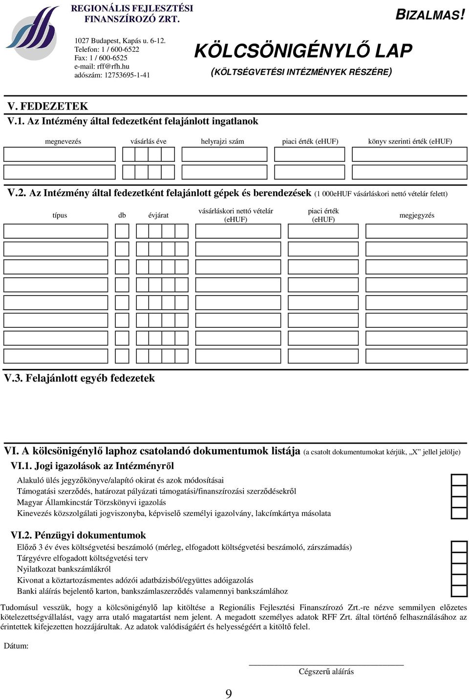 Felajánlott egyéb fedezetek VI. A kölcsönigénylő laphoz csatolandó dokumentumok listája (a csatolt dokumentumokat kérjük, X jellel jelölje) VI.1.