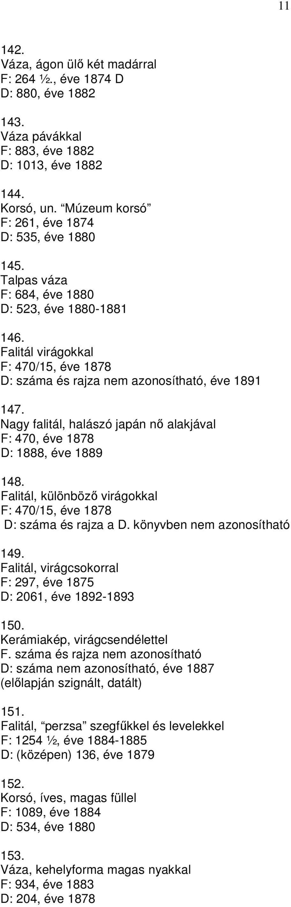 Nagy falitál, halászó japán n alakjával F: 470, éve 1878 D: 1888, éve 1889 148. Falitál, különböz virágokkal F: 470/15, éve 1878 D: száma és rajza a D. könyvben nem azonosítható 149.