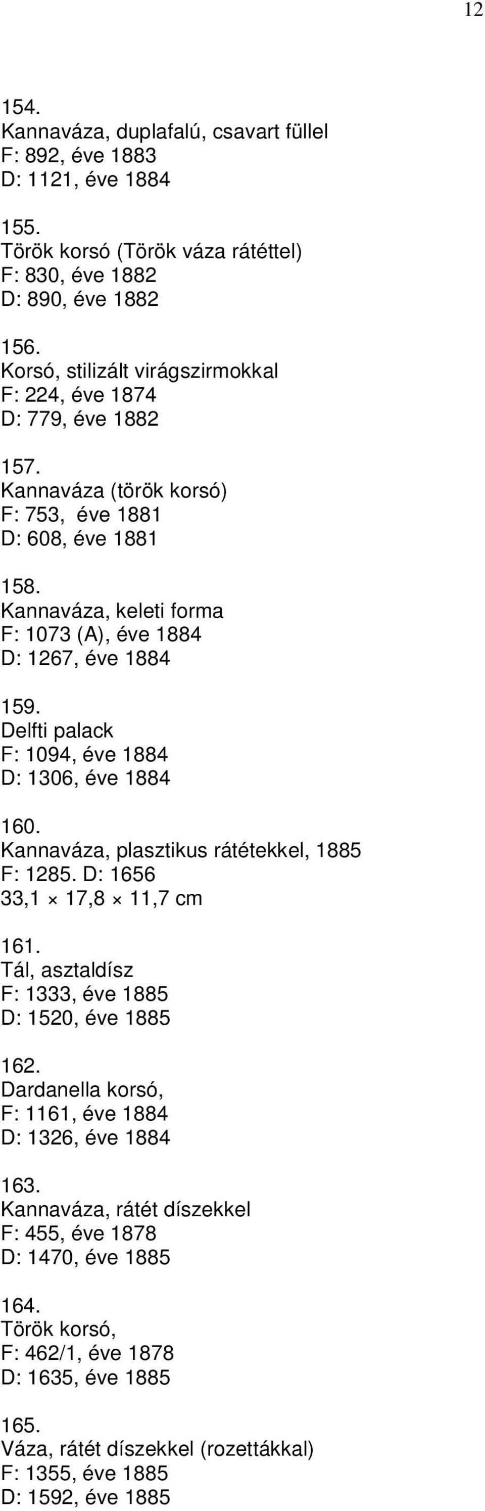 Kannaváza, keleti forma F: 1073 (A), éve 1884 D: 1267, éve 1884 159. Delfti palack F: 1094, éve 1884 D: 1306, éve 1884 160. Kannaváza, plasztikus rátétekkel, 1885 F: 1285.