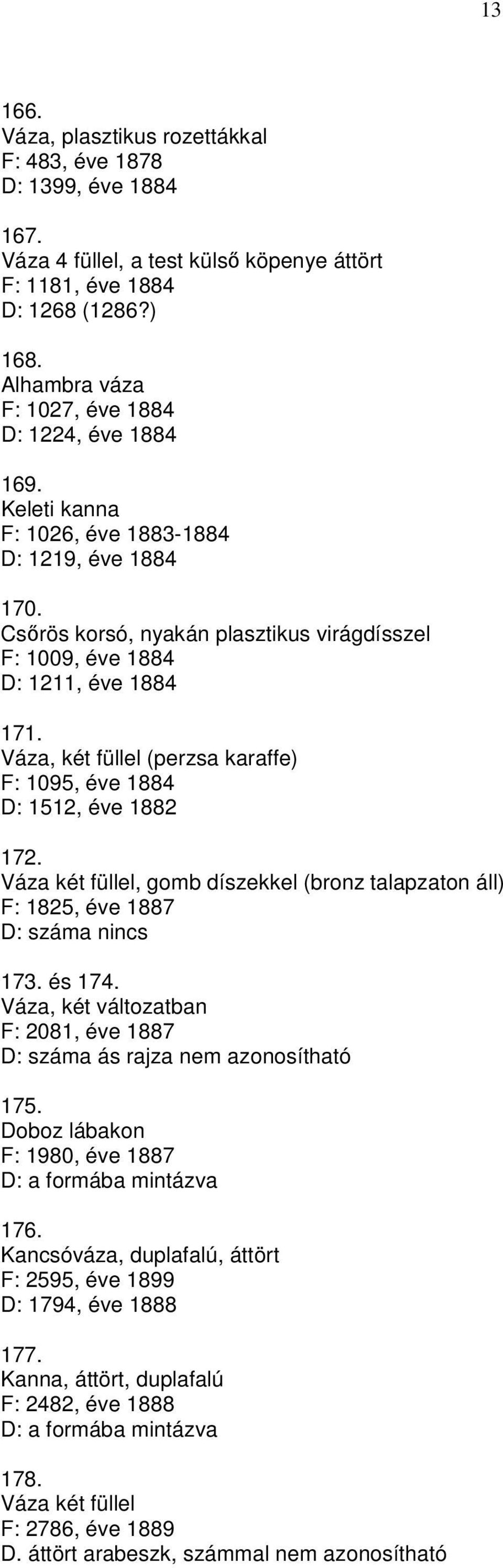 Váza, két füllel (perzsa karaffe) F: 1095, éve 1884 D: 1512, éve 1882 172. Váza két füllel, gomb díszekkel (bronz talapzaton áll) F: 1825, éve 1887 D: száma nincs 173. és 174.