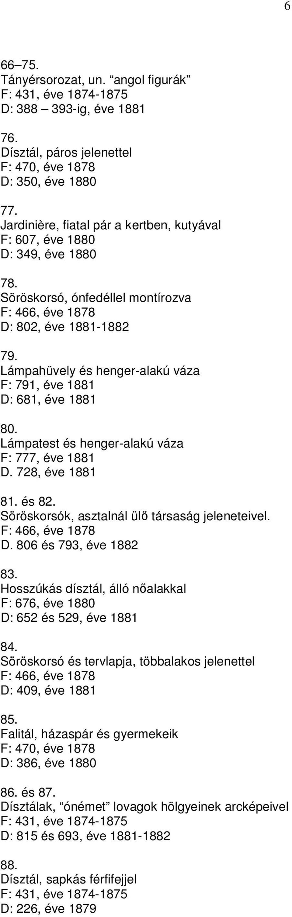 Lámpahüvely és henger-alakú váza F: 791, éve 1881 D: 681, éve 1881 80. Lámpatest és henger-alakú váza F: 777, éve 1881 D. 728, éve 1881 81. és 82. Söröskorsók, asztalnál ül társaság jeleneteivel.