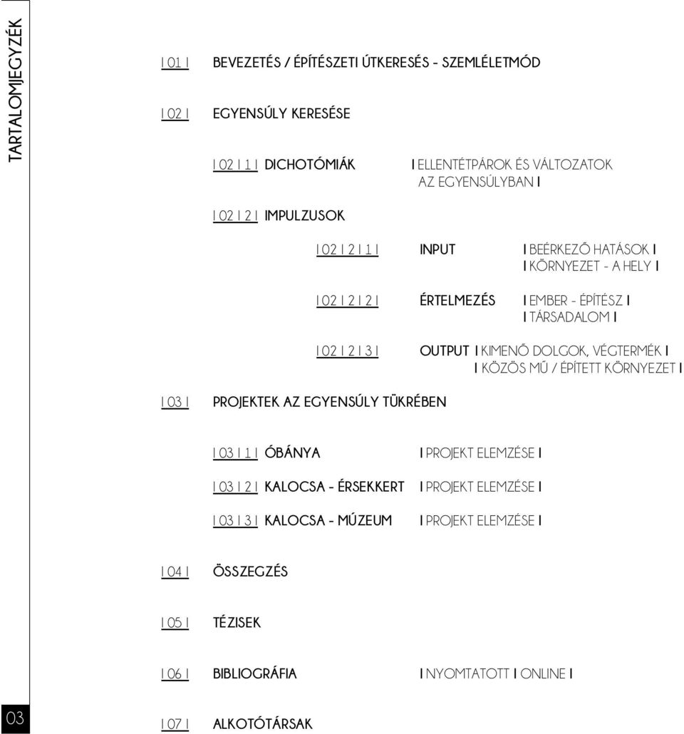 KIMENŐ DOLGOK, VÉGTERMÉK I I KÖZÖS MŰ / ÉPÍTETT KÖRNYEZET I I 03 I PROJEKTEK AZ EGYENSÚLY TÜKRÉBEN I 03 I 1 I ÓBÁNYA I 03 I 2 I KALOCSA - ÉRSEKKERT I 03 I 3 I KALOCSA -