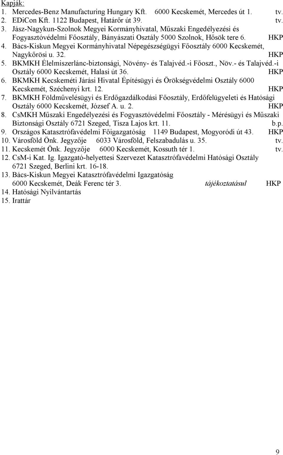 Bács-Kiskun Megyei Kormányhivatal Népegészségügyi Főosztály 6000 Kecskemét, Nagykőrösi u. 32. HKP 5. BKMKH Élelmiszerlánc-biztonsági, Növény- és Talajvéd.-i Főoszt., Növ.- és Talajvéd.-i Osztály 6000 Kecskemét, Halasi út 36.