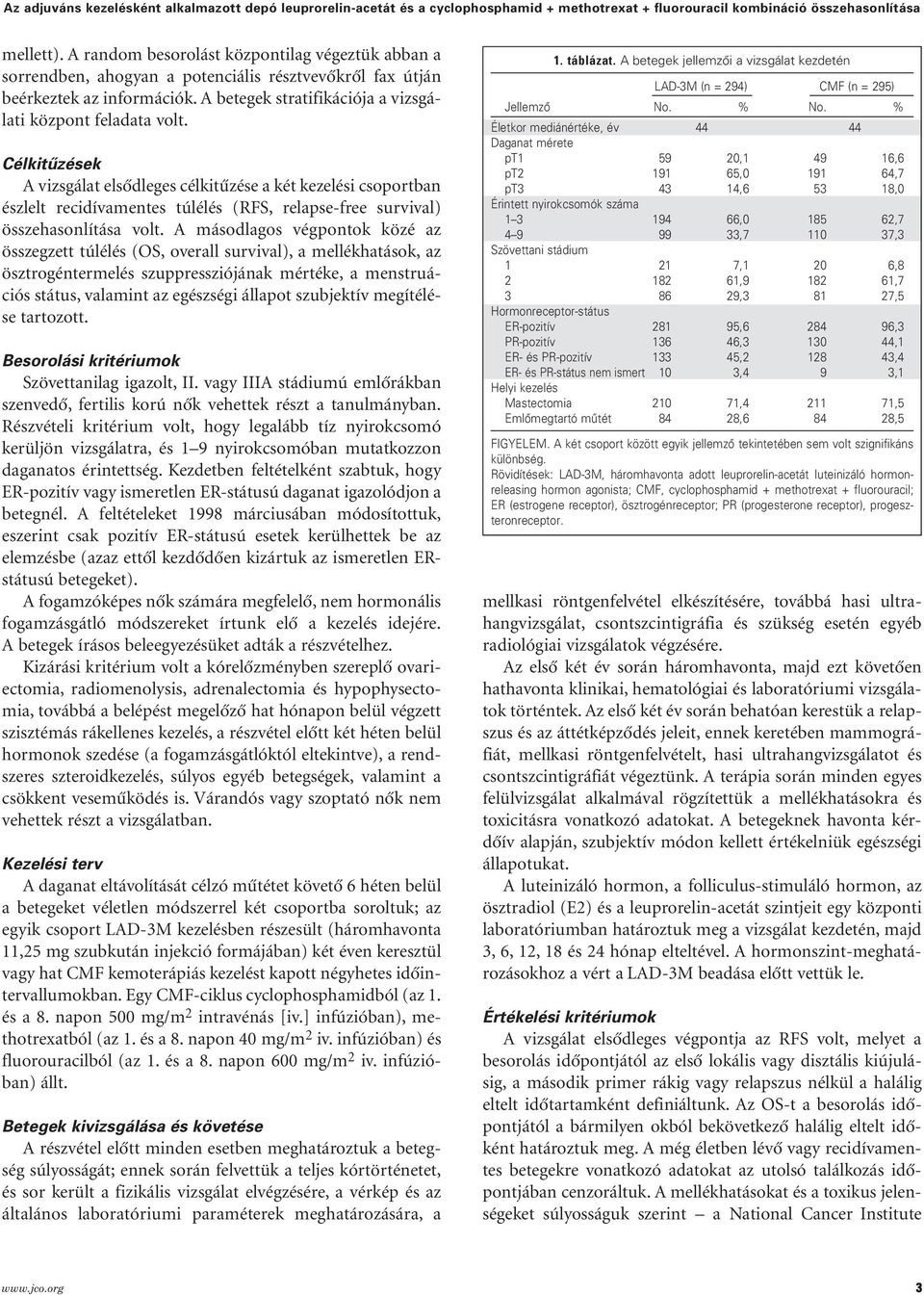 Célkitûzések A vizsgálat elsôdleges célkitûzése a két kezelési csoportban észlelt recidívamentes túlélés (RFS, relapse-free survival) összehasonlítása volt.