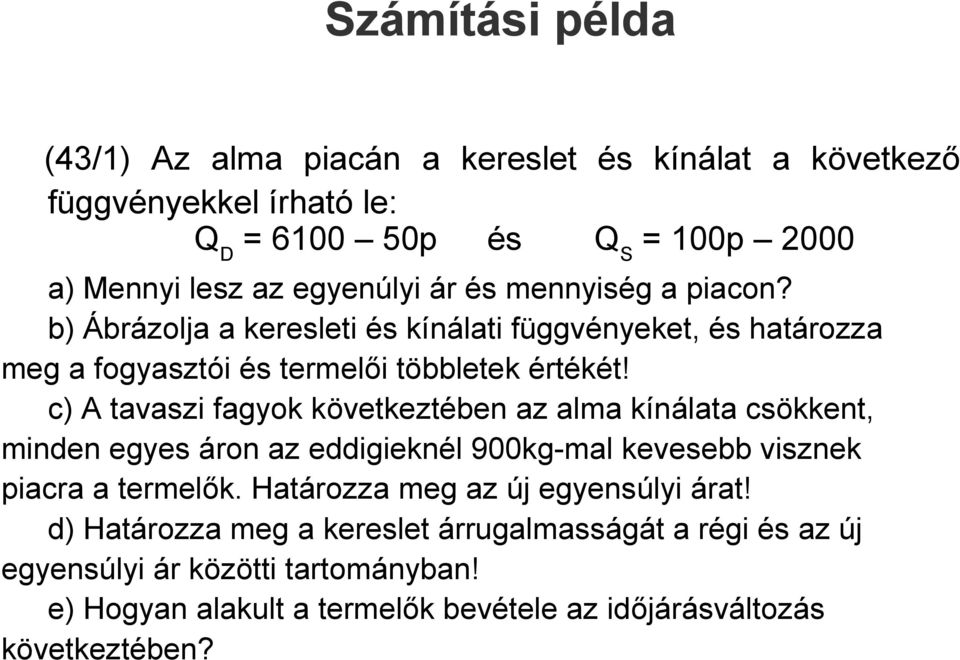 c) A tavaszi fagyok következtében az alma kínálata csökkent, minden egyes áron az eddigieknél 900kg-mal kevesebb visznek piacra a termelők.