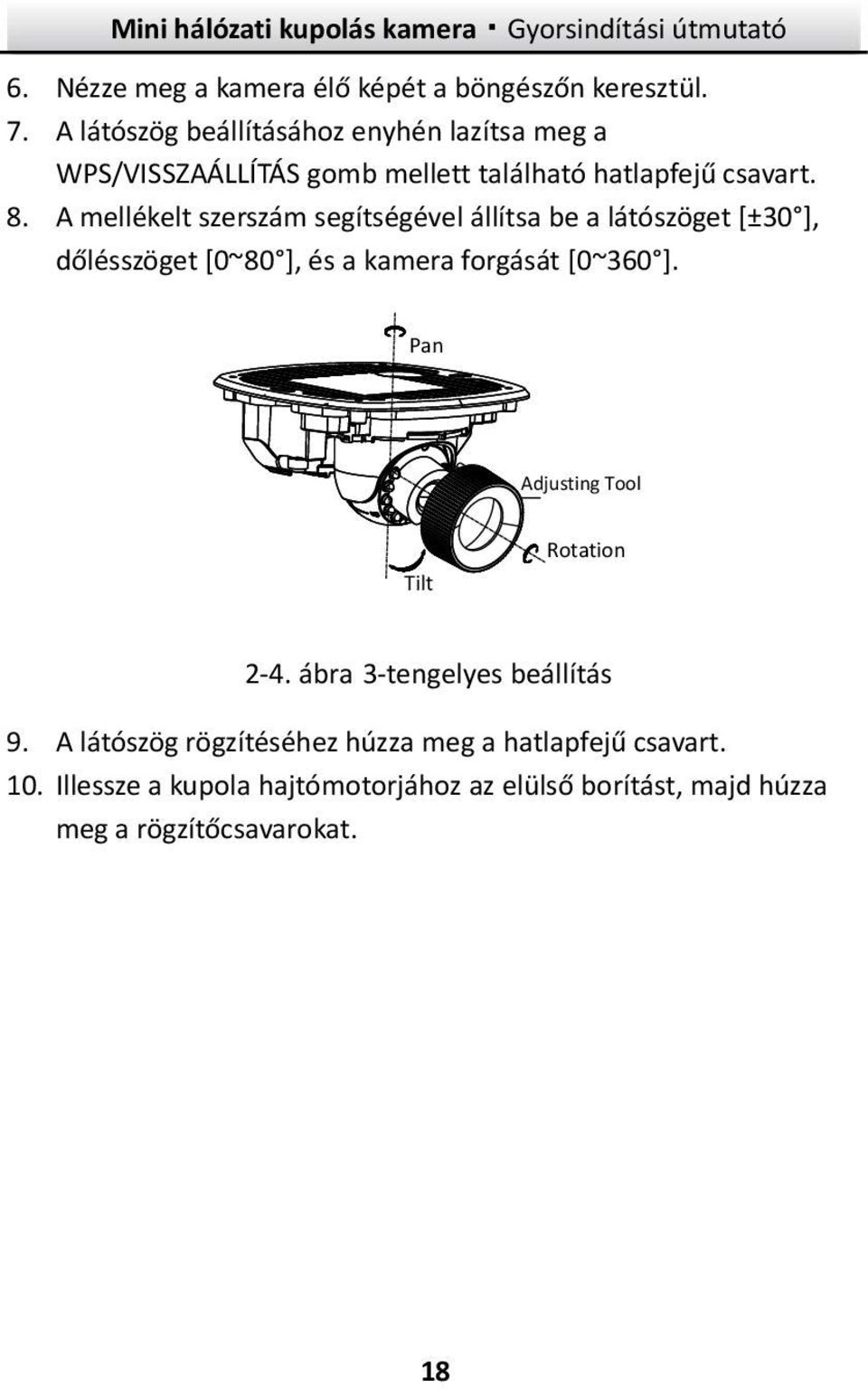 A mellékelt szerszám segítségével állítsa be a látószöget [±30 ], dőlésszöget [0~80 ], és a kamera forgását [0~360 ].