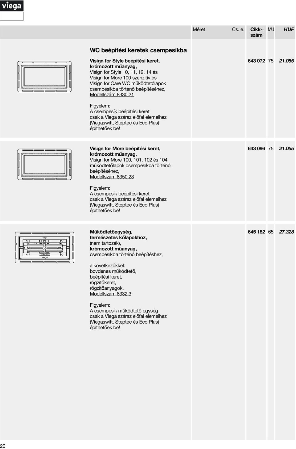 beépítéséhez, Modellszám 8330.21 643 072 75 21.055 A csempesík beépítési keret csak a Viega száraz előfal elemeihez (Viegaswift, Steptec és Eco Plus) építhetőek be!