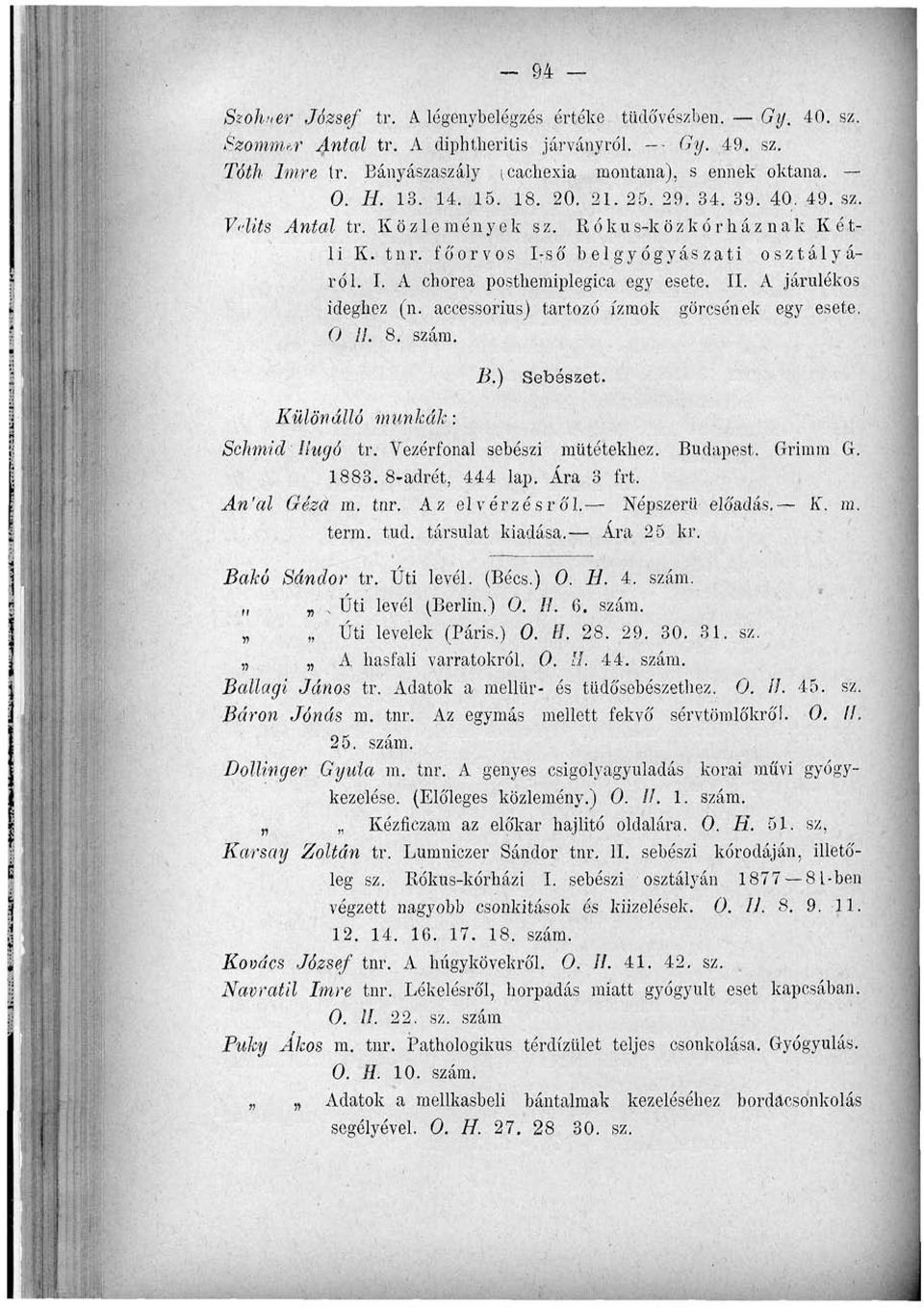 II. A járulékos ideghez (n. accessorius) tartozó izmok görcsének egy esete. 0 11. 8. szám. B.) Sebészet. Különálló munkák: Schnid Hugó tr. Vezérfonal sebészi műtétekhez. Budapest. Grimm G. 1883.