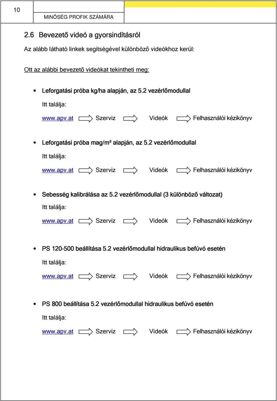 2 vezérlőmodullal Itt találja: www.apv.at Szerviz Videók Felhasználói kézikönyv Leforgatási próba mag/m² alapján, az 5.2 vezérlőmodullal Itt találja: www.apv.at Szerviz Videók Felhasználói kézikönyv Sebesség kalibrálása az 5.