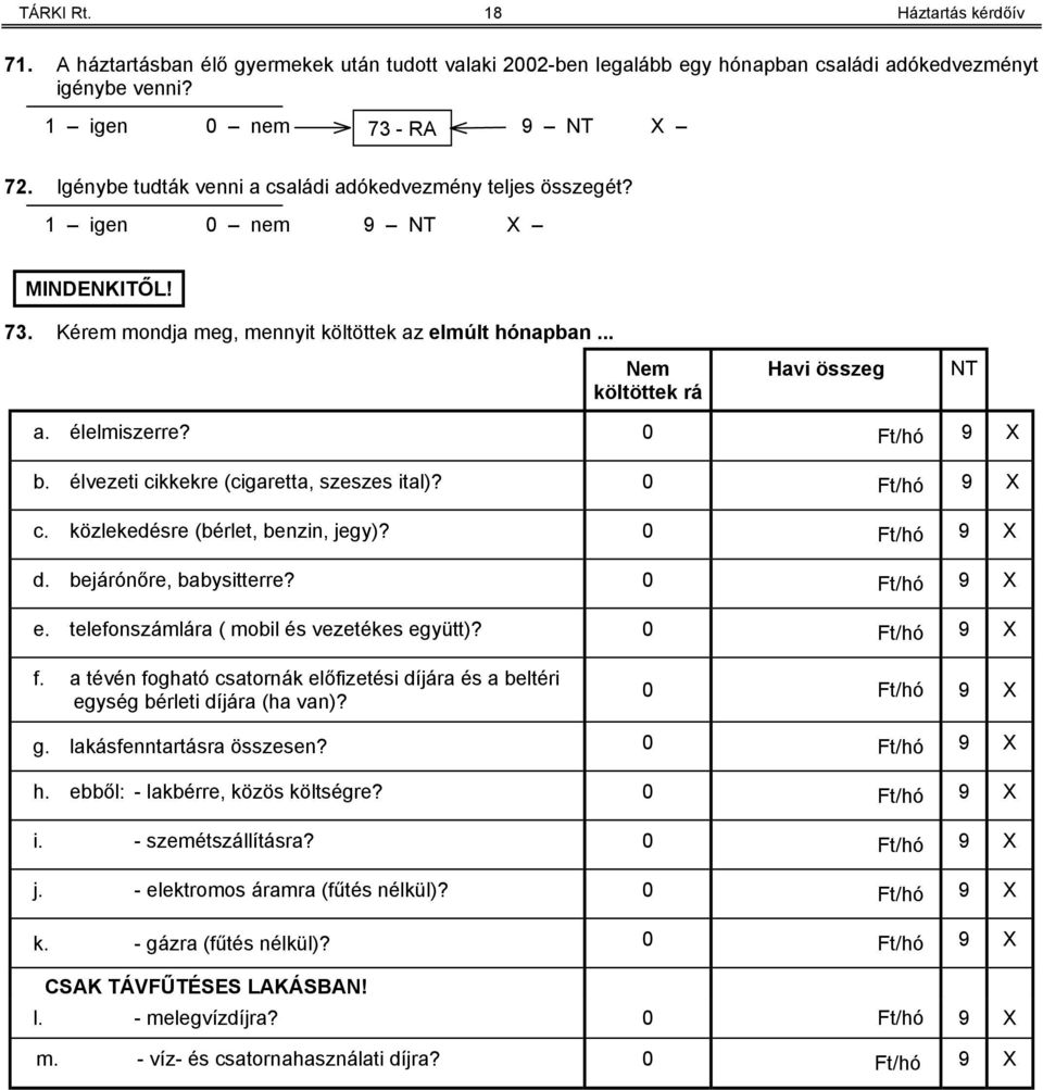 élelmiszerre? 0 Ft/hó 9 X b. élvezeti cikkekre (cigaretta, szeszes ital)? 0 Ft/hó 9 X c. közlekedésre (bérlet, benzin, jegy)? 0 Ft/hó 9 X d. bejárónőre, babysitterre? 0 Ft/hó 9 X e.