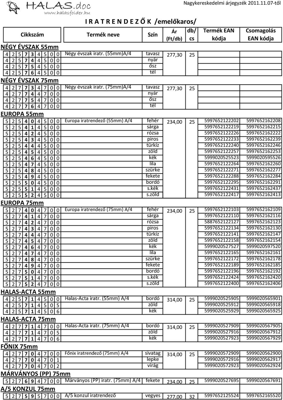 (75mm)A/4 tavasz 4 2 7 7 4 4 7 0 0 nyár 4 2 7 7 5 4 7 0 0 ősz 4 2 7 7 6 4 7 0 0 tél EUROPA 55mm 277,30 277,30 5 2 5 4 0 4 5 0 0 Europa iratrendező (55mm) A/4 fehér 234,00 25 5997652122202