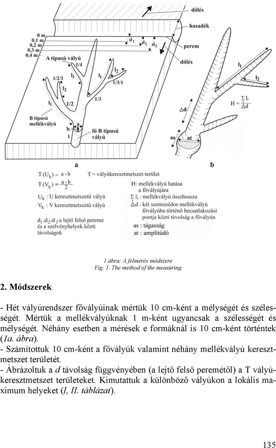 Mértük a mellékvályúknak 1 m-ként ugyancsak a szélességét és mélységét. Néhány esetben a mérések e formáknál is 10 cm-ként történtek (1a. ábra).