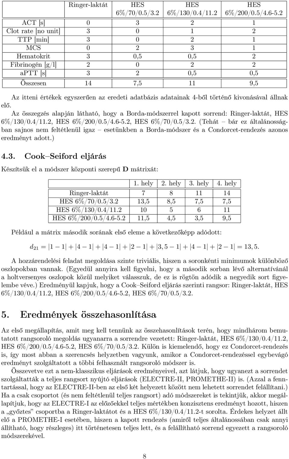 eredeti adatbázis adatainak 4-ből történő kivonásával állnak elő. Az összegzés alapján látható, hogy a Borda-módszerrel kapott sorrend: Ringer-laktát, HES 6%/130/0.4/11.2, HES 6%/200/0.5/4.6-5.