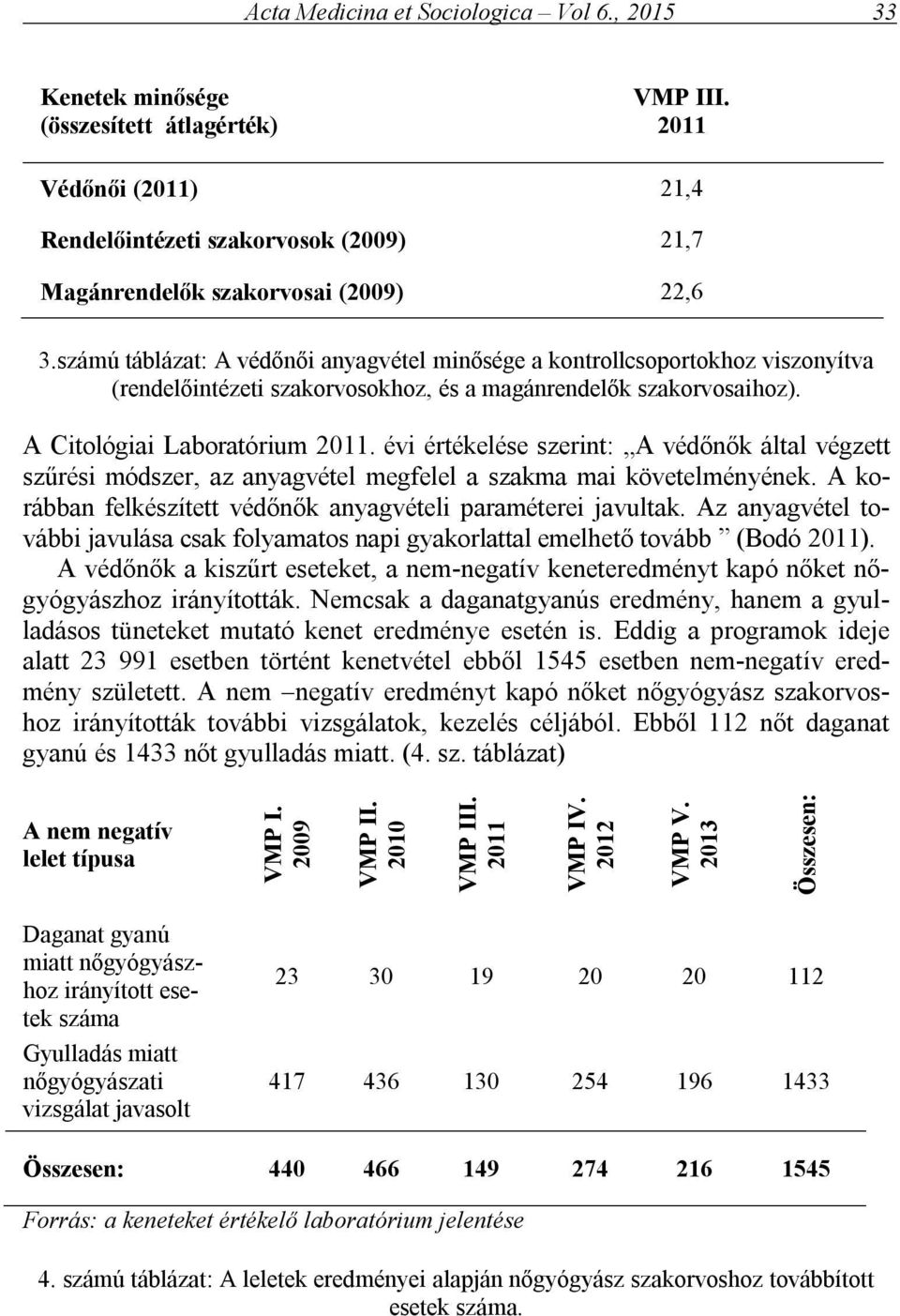 számú táblázat: A védőnői anyagvétel minősége a kontrollcsoportokhoz viszonyítva (rendelőintézeti szakorvosokhoz, és a magánrendelők szakorvosaihoz). A Citológiai Laboratórium 2011.