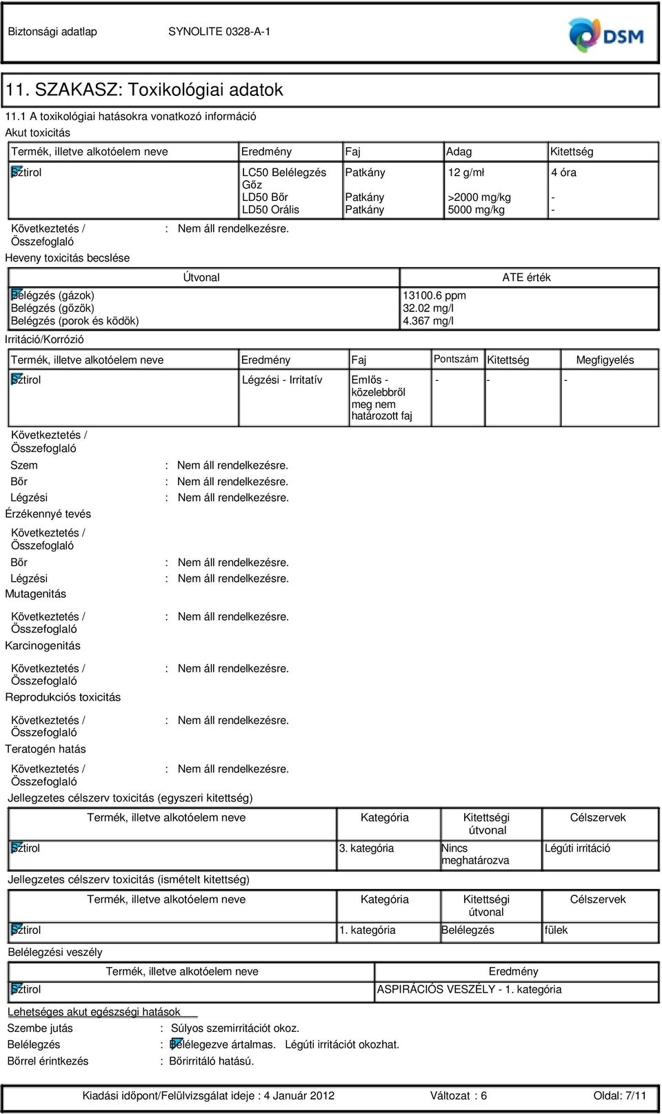 mg/kg - LD50 Orális Patkány 5000 mg/kg - Heveny toxicitás becslése Belégzés (gázok) Belégzés (gızök) Belégzés (porok és ködök) Irritáció/Korrózió Útvonal 13100.6 ppm 32.02 mg/l 4.