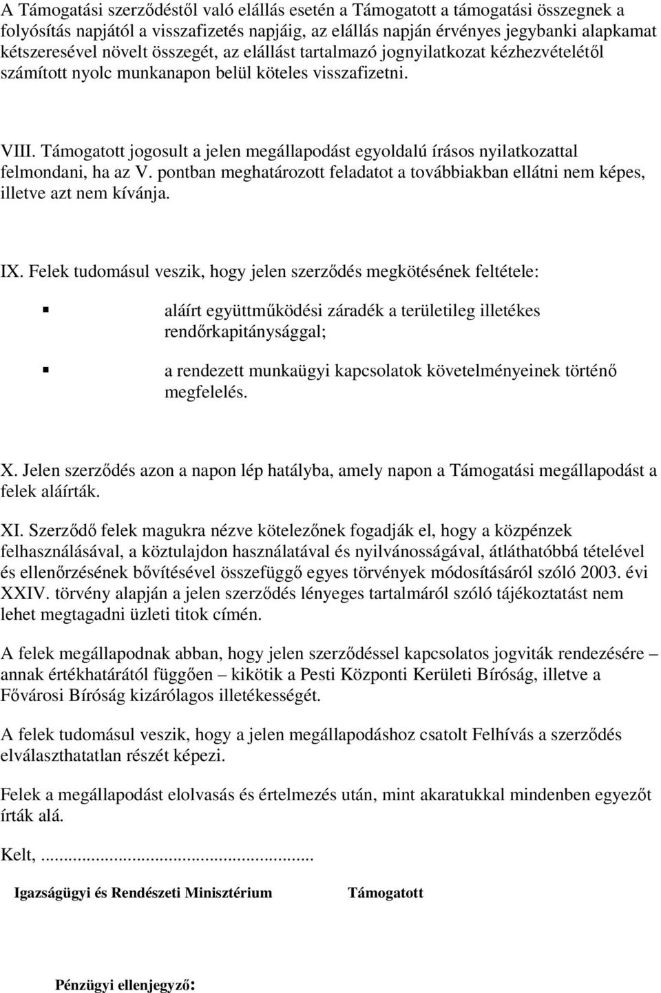 Támogatott jogosult a jelen megállapodást egyoldalú írásos nyilatkozattal felmondani, ha az V. pontban meghatározott feladatot a továbbiakban ellátni nem képes, illetve azt nem kívánja. IX.