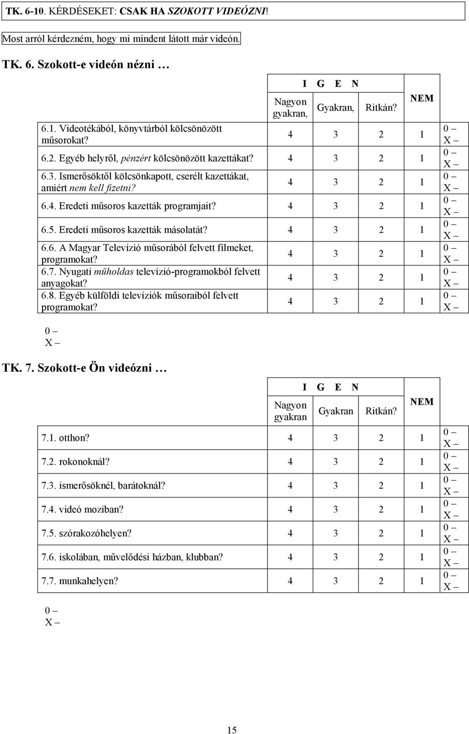 4 3 2 1 6.4. Eredeti műsoros kazetták programjait? 4 3 2 1 6.5. Eredeti műsoros kazetták másolatát? 4 3 2 1 6.6. A Magyar Televízió műsorából felvett filmeket, programokat? 6.7.