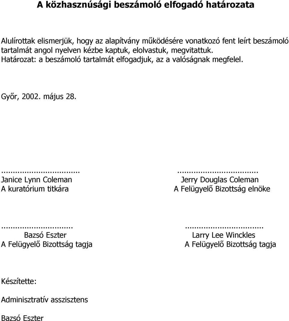 Győr, 2002. május 28....... Janice Lynn Coleman Jerry Douglas Coleman A kuratórium titkára A Felügyelő Bizottság elnöke.