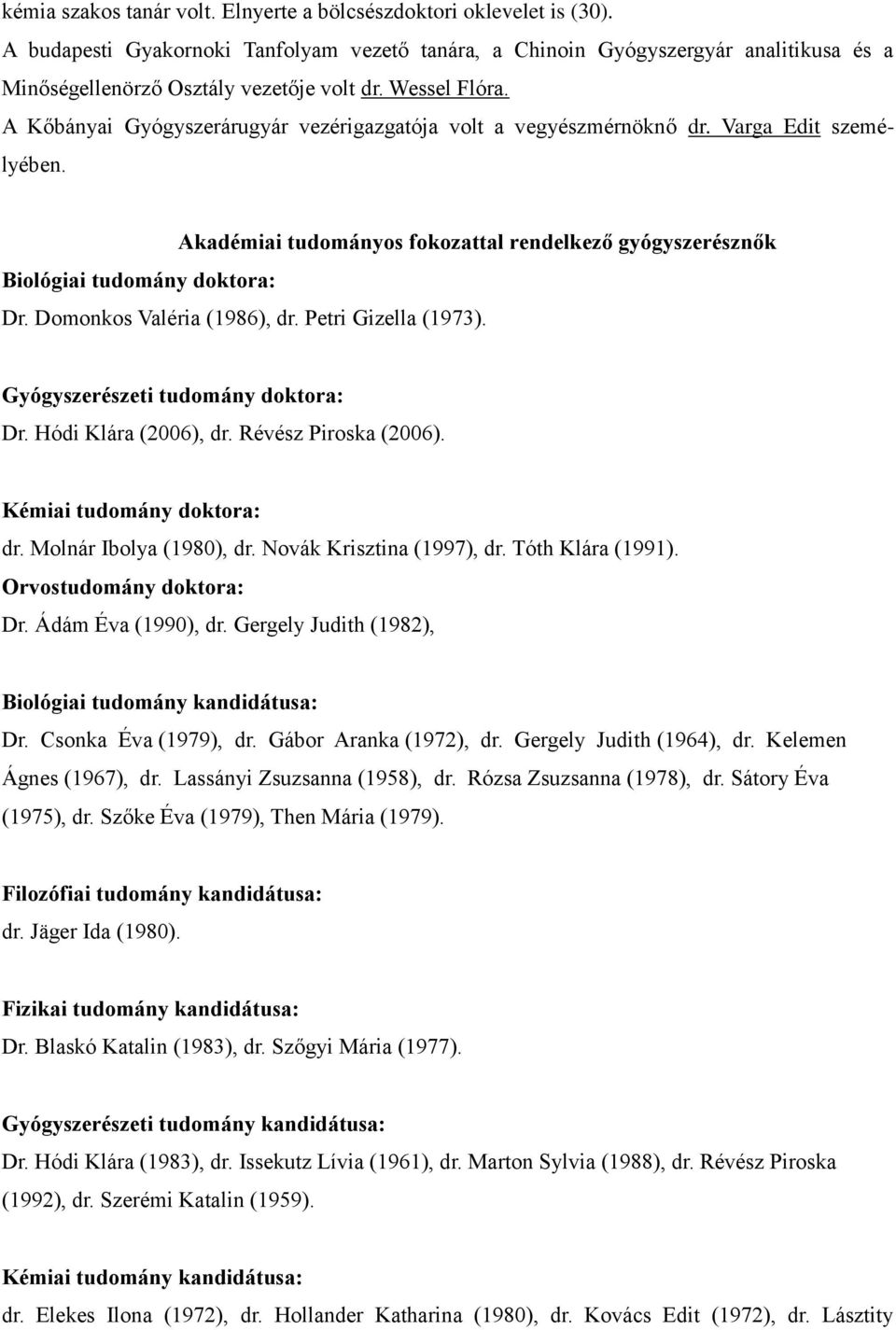 A Kőbányai Gyógyszerárugyár vezérigazgatója volt a vegyészmérnöknő dr. Varga Edit személyében. Biológiai tudomány doktora: Akadémiai tudományos fokozattal rendelkező gyógyszerésznők Dr.