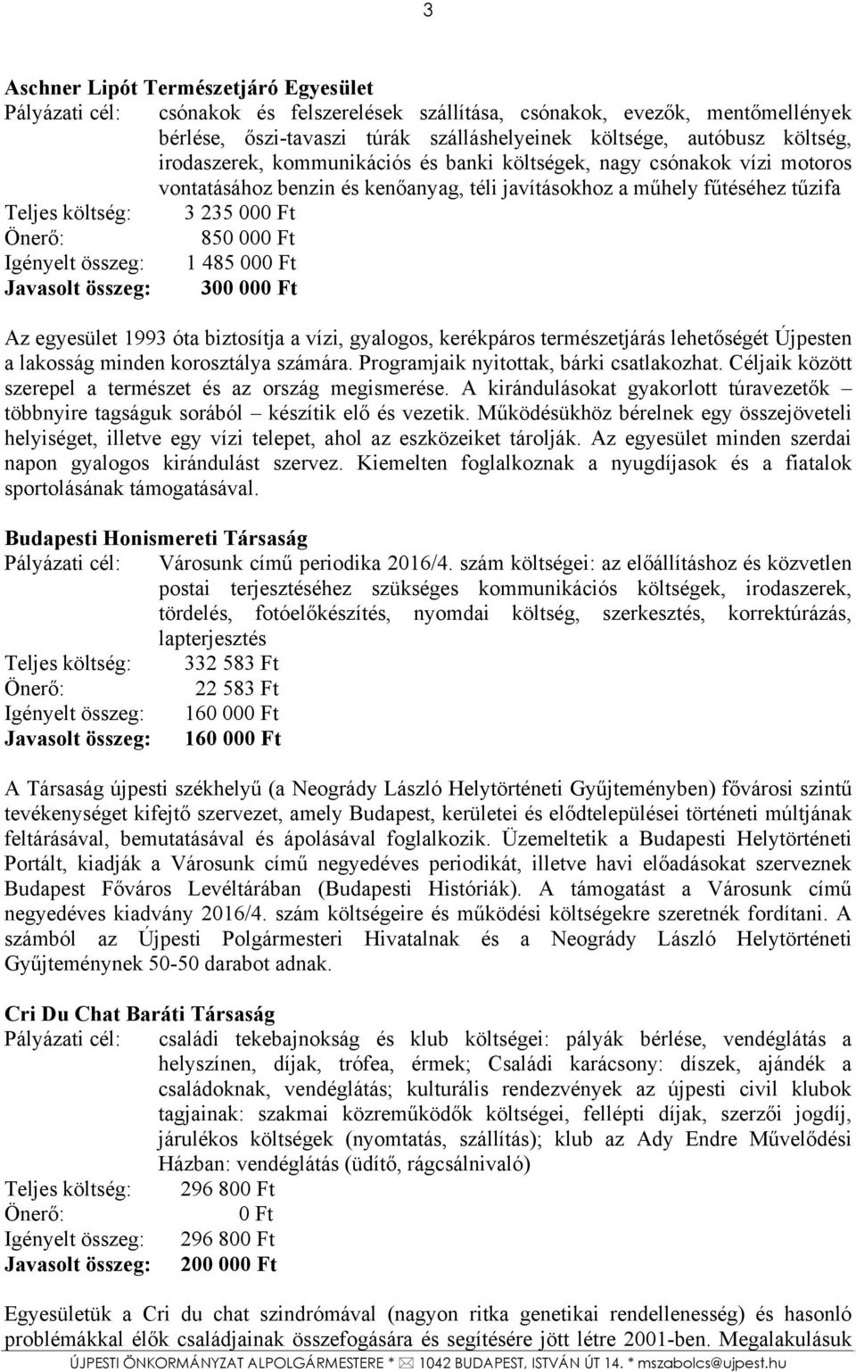 összeg: 1 485 00 Javasolt összeg: 300 00 Az egyesület 1993 óta biztosítja a vízi, gyalogos, kerékpáros természetjárás lehetőségét Újpesten a lakosság minden korosztálya számára.