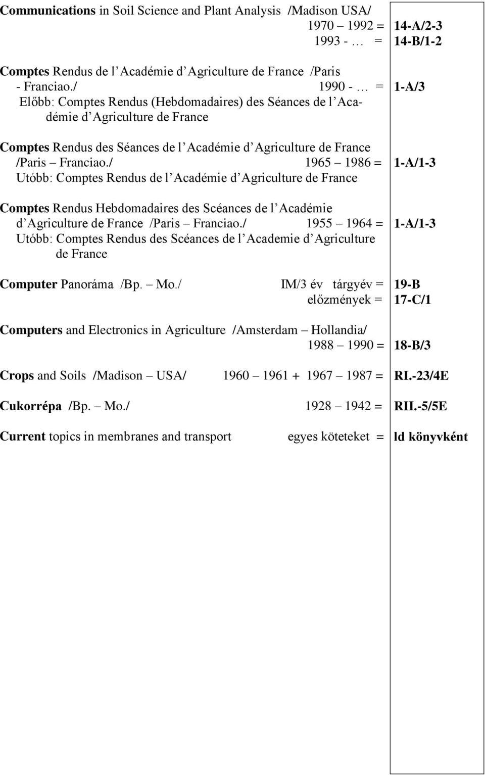 / 1965 1986 = Utóbb: Comptes Rendus de l Académie d Agriculture de France Comptes Rendus Hebdomadaires des Scéances de l Académie d Agriculture de France /Paris Franciao.