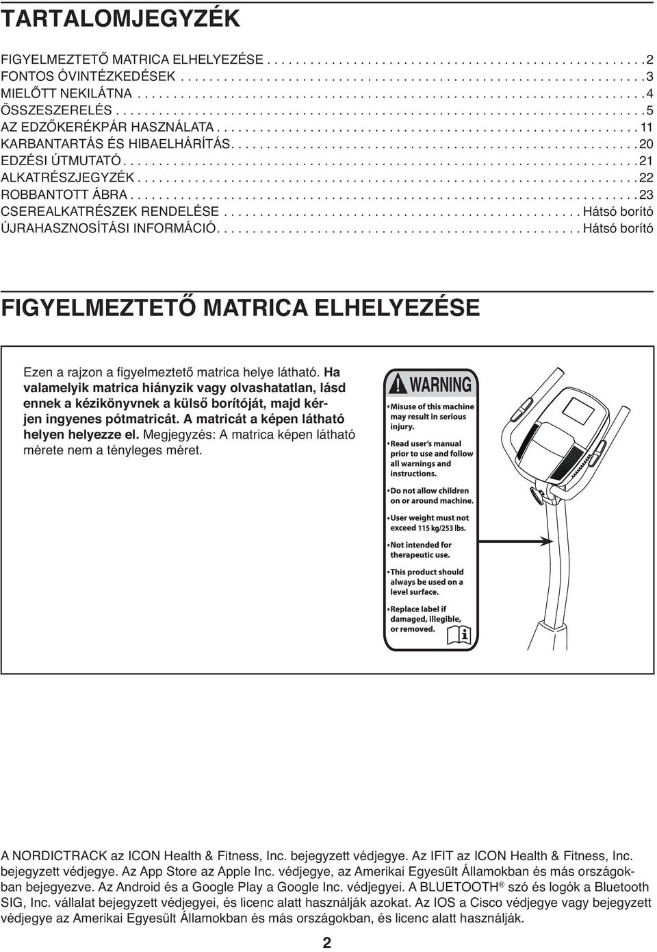 .......................................................... 11 KARBANTARTÁS ÉS HIBAELHÁRÍTÁS.........................................................20 EDZÉSI ÚTMUTATÓ........................................................................21 ALKATRÉSZJEGYZÉK.