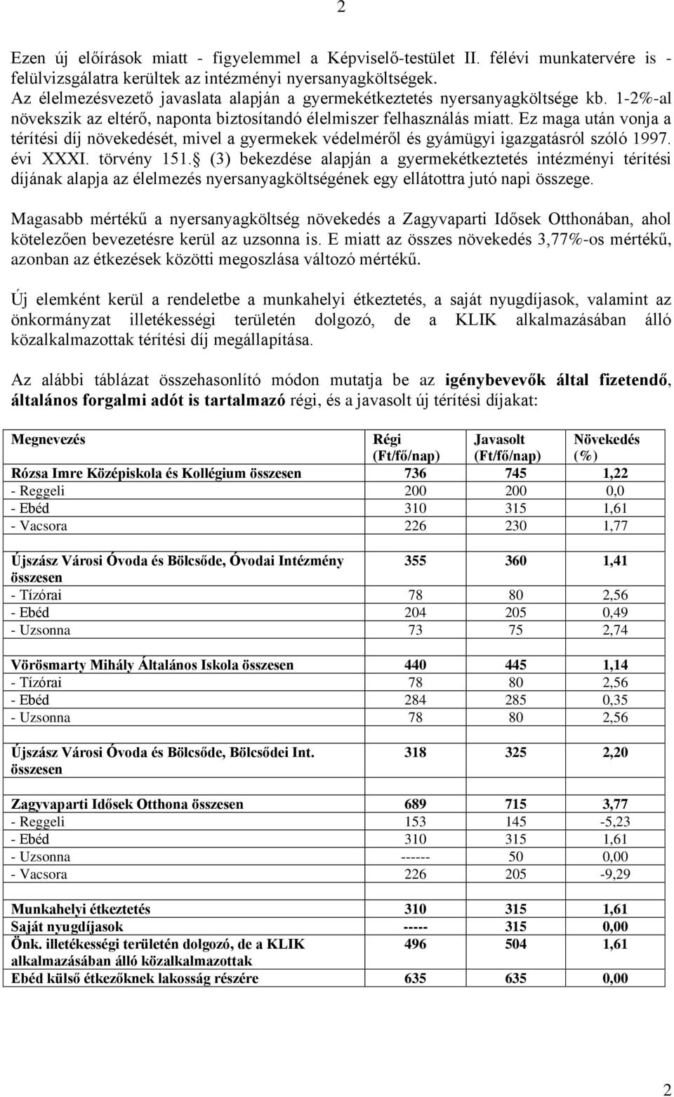 Ez maga után vonja a térítési díj növekedését, mivel a gyermekek védelméről és gyámügyi igazgatásról szóló 1997. évi XXXI. törvény 151.