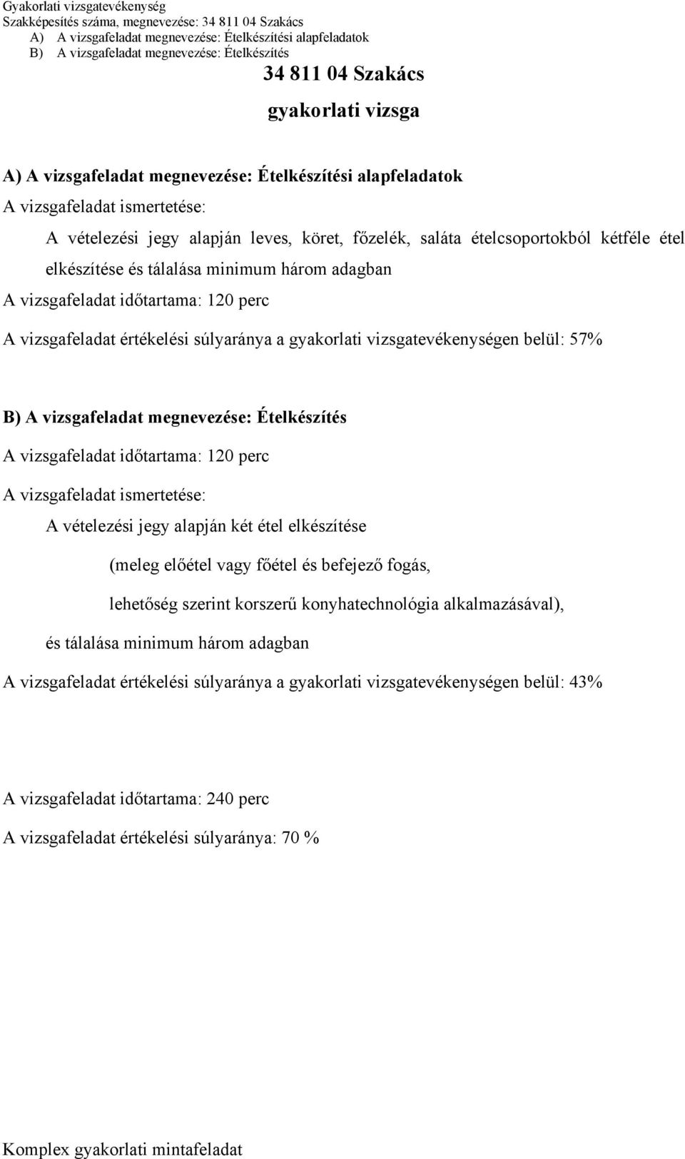 vizsgafeladat ismertetése: A vételezési jegy alapján két étel elkészítése (meleg előétel vagy főétel és befejező fogás, lehetőség szerint korszerű konyhatechnológia alkalmazásával),