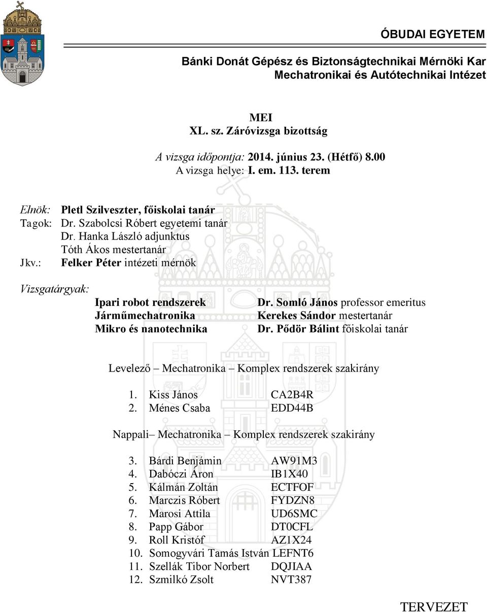 Somló János professor emeritus Kerekes Sándor mestertanár Dr. Pődör Bálint főiskolai tanár Levelező Mechatronika Komplex rendszerek szakirány 1. Kiss János CA2B4R 2.