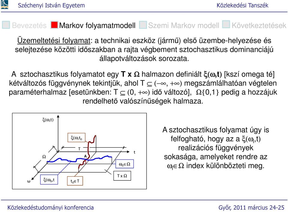 A szochaszikus folyamao egy x Ω halmazon definiál ξ(ω,) [kszí omega é] kéválozós függvénynek ekinjük, ahol (, + ) megszámlálhaóan végelen paraméerhalmaz [eseünkben: (, + ) idő