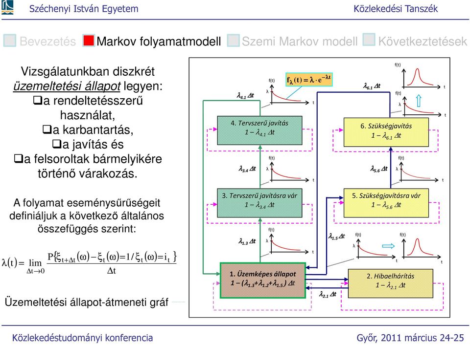 6 f() A folyama eseménysűrűségei definiáljuk a kövekező álalános összefüggés szerin: ( ) = lim { ξ ( ω) ξ ( ω) = / ξ ( ω) = i } + Üzemeleési állapo-ámenei gráf 3.