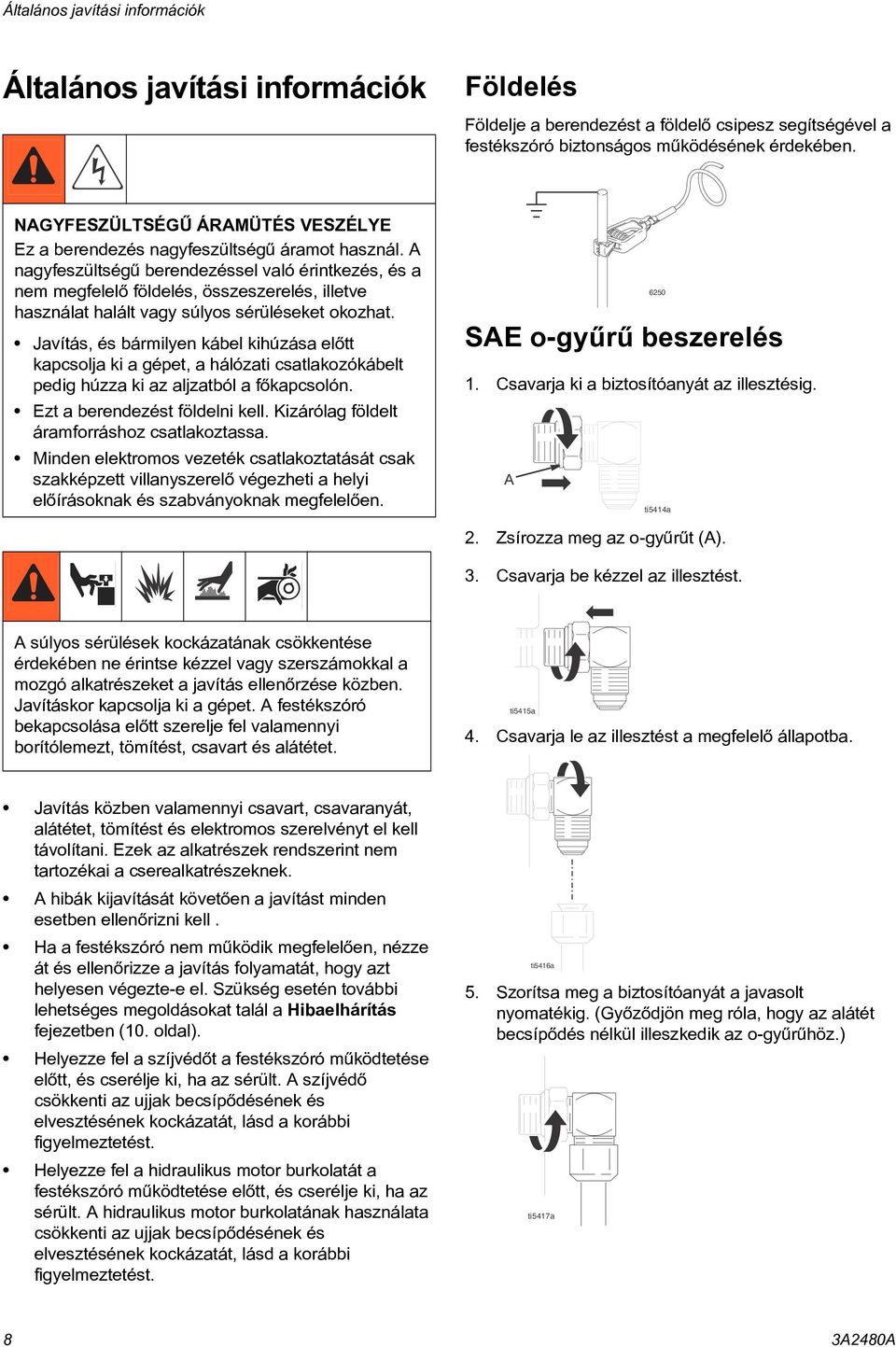 A nagyfeszültségû berendezéssel való érintkezés, és a nem megfelelõ földelés, összeszerelés, illetve használat halált vagy súlyos sérüléseket okozhat.