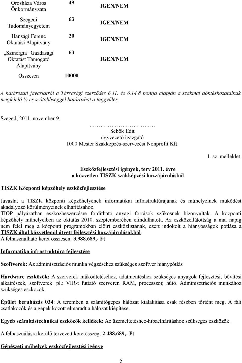 Sebők Edit ügyvezető igazgató 1000 Mester Szakképzés-szervezési Nonprofit Kft. 1. sz. melléklet Eszközfejlesztési igények, terv 2011.