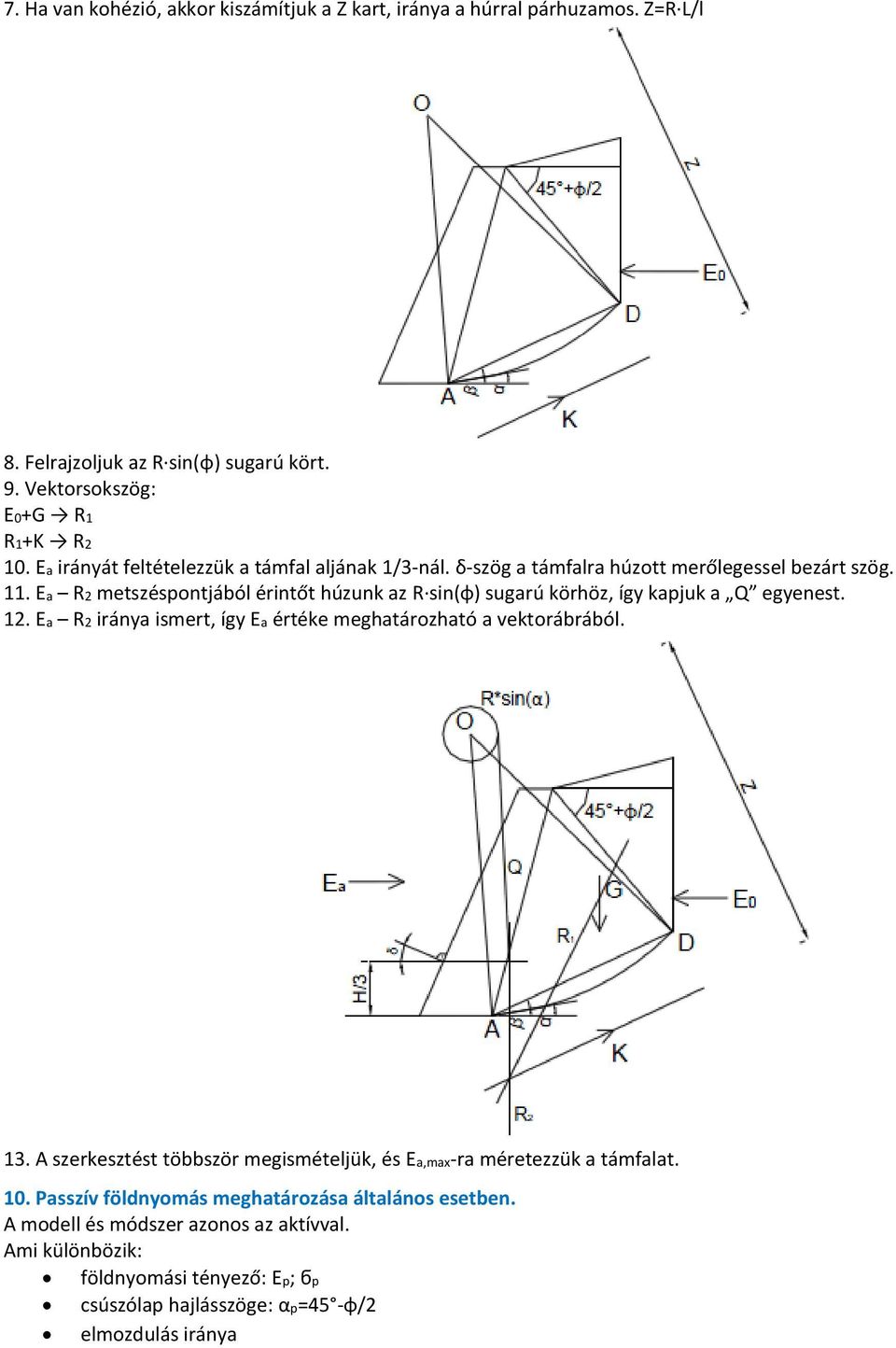 Ea R2 metszéspontjából érintőt húzunk az R sin(φ) sugarú körhöz, így kapjuk a Q egyenest. 12. Ea R2 iránya ismert, így Ea értéke meghatározható a vektorábrából. 13.