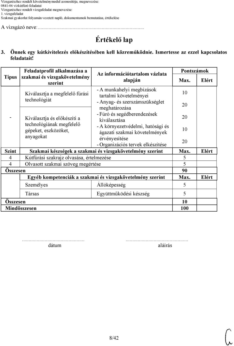 anyagokat alapján - A munkahelyi megbízások tartalmi követelményei - Anyag- és szerszámszükséglet meghatározása - Fúró és segédberendezések kiválasztása - A környezetvédelmi, hatósági és ágazati