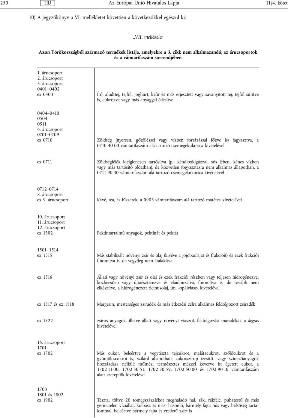 árucsoport 0401 0402 ex 0403 Író, aludttej, tejföl, joghurt, kefir és más erjesztett savanyított tej, tejföl sűrítve is, cukrozva más anyaggal édesítve 0404 0410 0504 0511 6.
