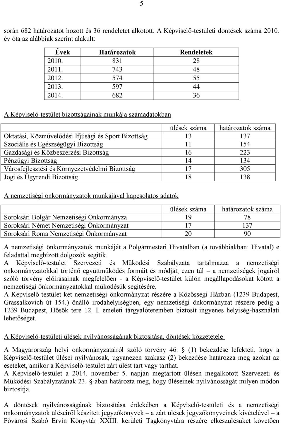 682 36 A Képviselő-testület bizottságainak munkája számadatokban ülések száma határozatok száma Oktatási, Közművelődési Ifjúsági és Sport Bizottság 13 137 Szociális és Egészségügyi Bizottság 11 154