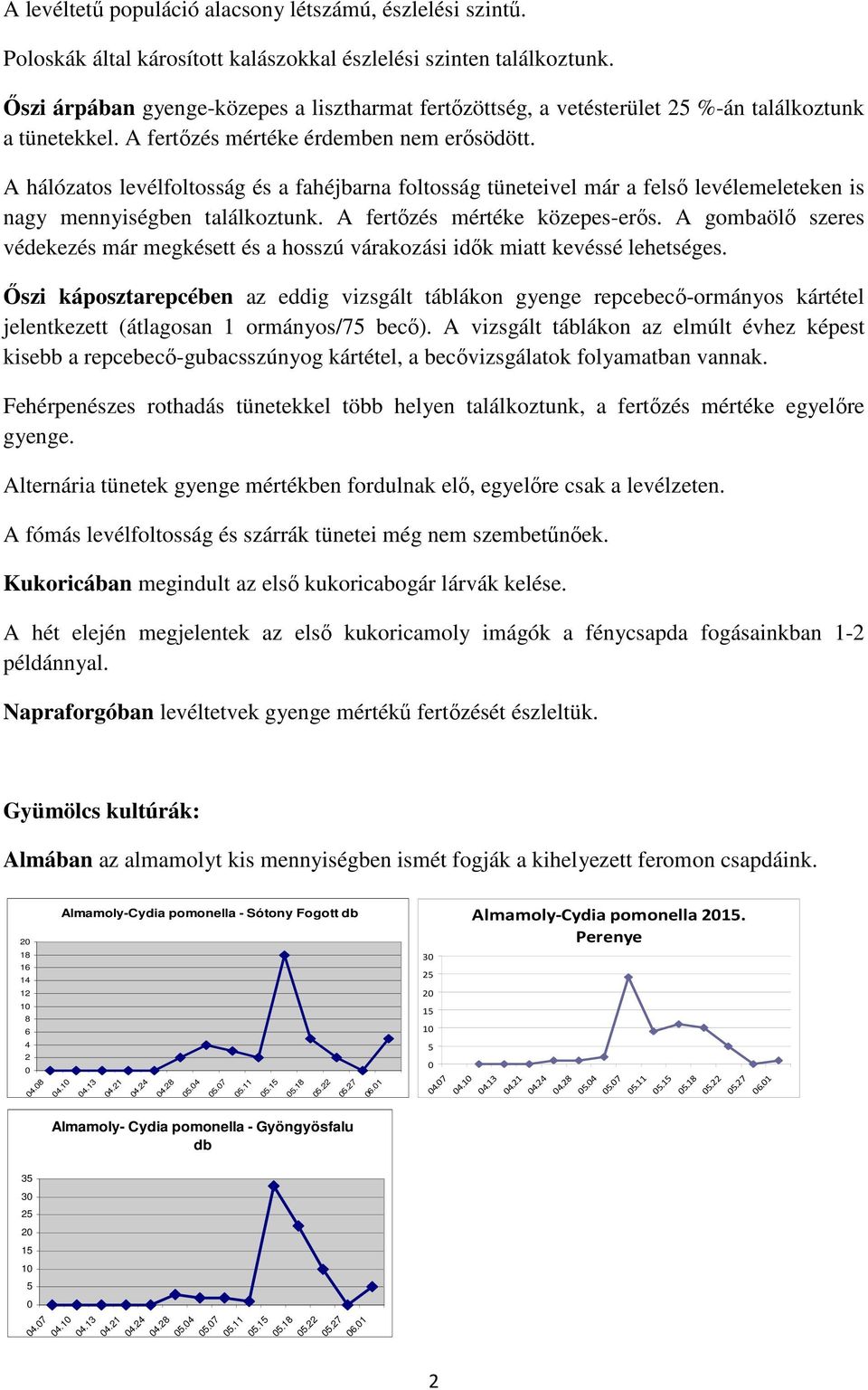 A hálózatos levélfoltosság és a fahéjbarna foltosság tüneteivel már a felsı levélemeleteken is nagy mennyiségben találkoztunk. A fertızés mértéke közepes-erıs.