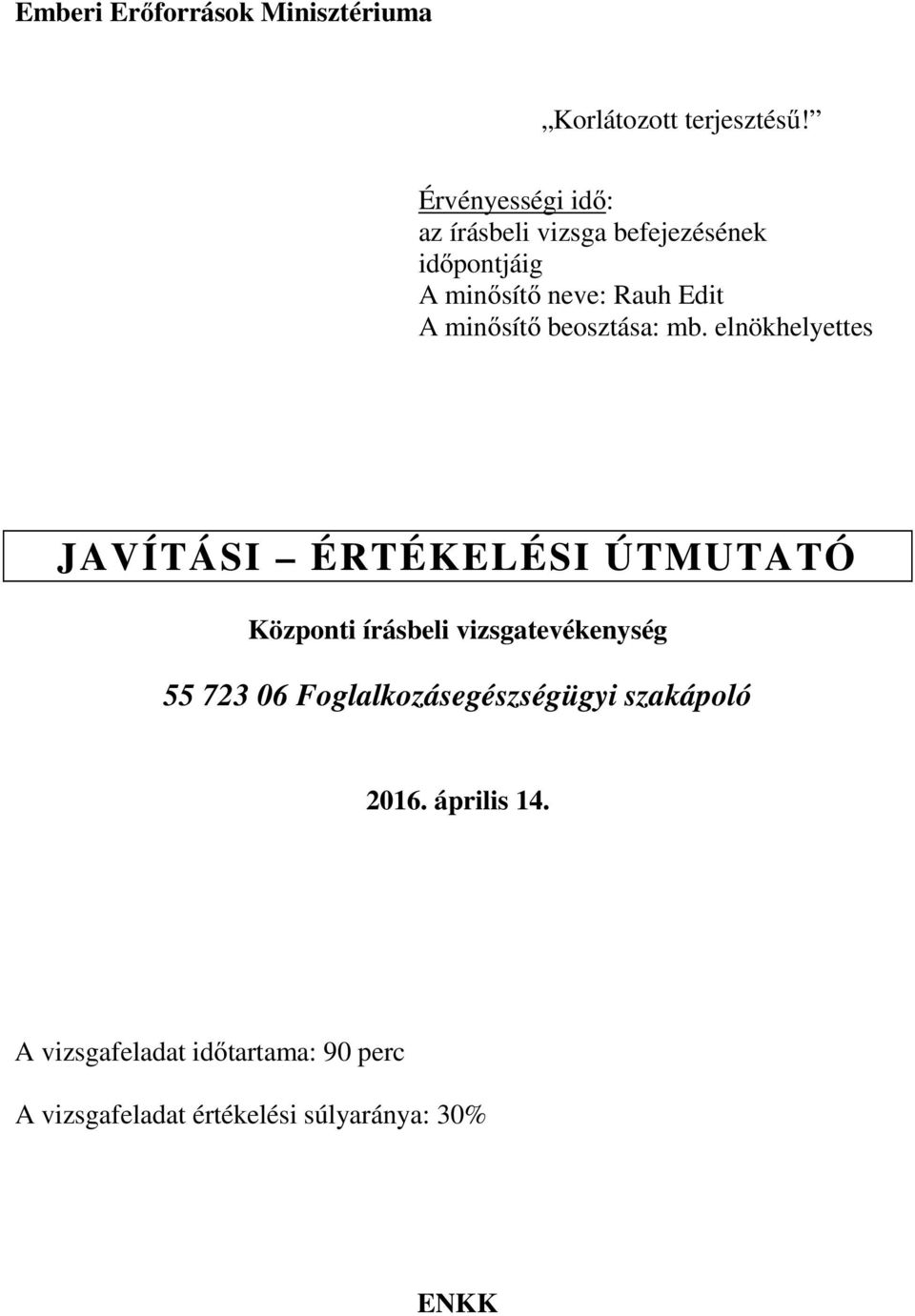 elnökhelyettes JAVÍTÁSI ÉRTÉKELÉSI ÚTMUTATÓ Központi írásbeli vizsgatevékenység 55 723 06