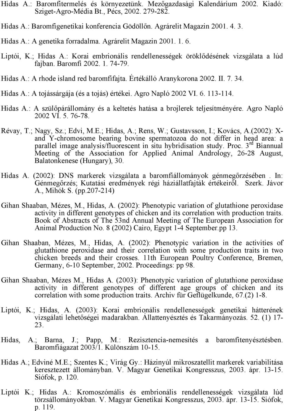 Értékálló Aranykorona 2002. II. 7. 34. Hidas A.: A tojássárgája (és a tojás) értékei. Agro Napló 2002 VI. 6. 113-114. Hidas A.: A szülőpárállomány és a keltetés hatása a brojlerek teljesítményére.